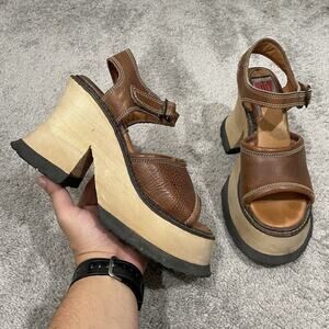 LONDON UNDERGROUND Platform Chunky Heels Sandals Womens Size 7 Brown Leather